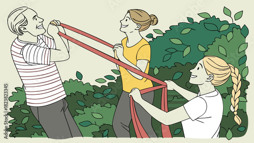 Three people working together to build a garden structure outdoors