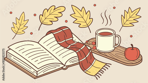 Cozy autumn scene with open book warm drink and falling leaves