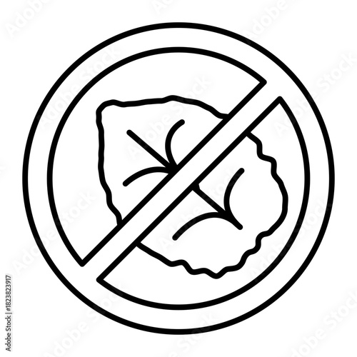 Tobacco leaf ban thin line icon, harm of smoking concept. Vector graphics. Prohibited item sign on white background, style icon mobile or web design.