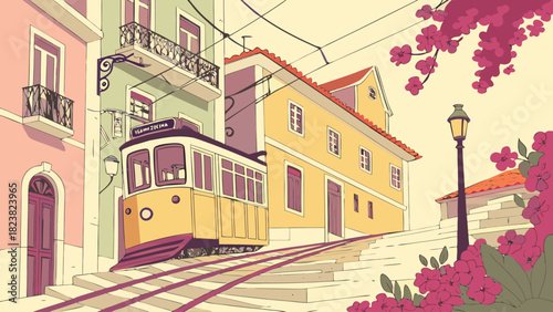 Charming yellow tram on a historic lisbon street with colorful buildings and flowers