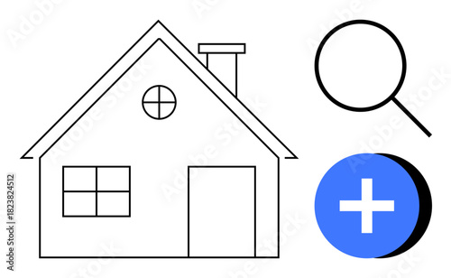 Real estate concept. Real estate search with a house icon, magnifying glass, and plus symbol. Real estate trends, property analysis, housing market, online searches, mobile apps