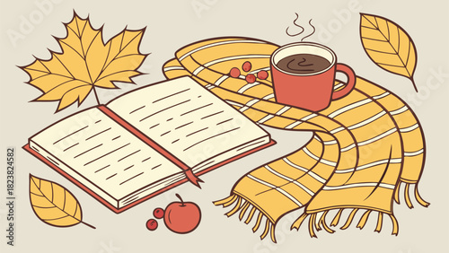 Cozy autumn scene with open book warm scarf and hot drink