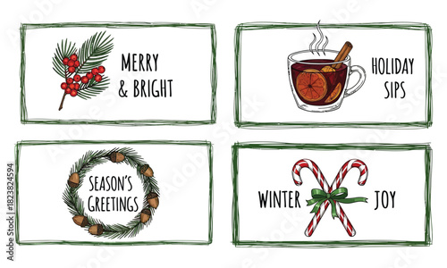 Hand drawn holiday illustration set with festive elements: berries, mulled wine, wreath, candy canes