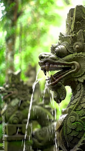 Ancient grey balinese naga head statue, water streaming from mouth, mossy textures, lush tropical foliage bokeh, blurred temple. meditative serenity concept