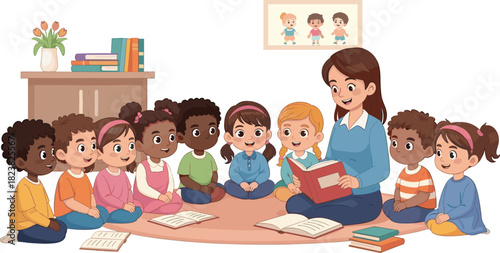 Teacher reading to children, classroom storytime, group learning, early education, daycare activity, literacy moment, books and kids