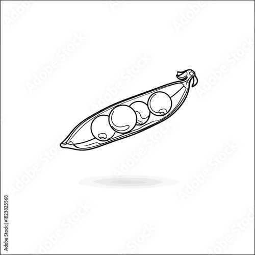 Black and white pea pod illustration showing four peas on white background