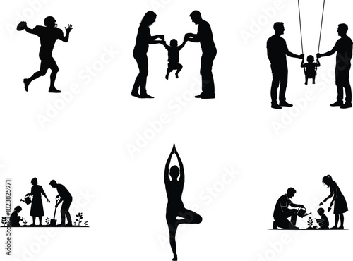 Family activities and lifestyle silhouettes sports parenting yoga and outdoor fun