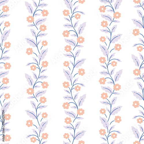 vector preppy floral seamless pattern in pastel color palette. Traditional ethnic delicate block print pattern design. Decorative wave floral stripes on white background.