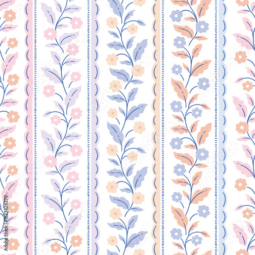 vector preppy floral striped seamless pattern in pastel color palette. Traditional ethnic delicate block print pattern design. Decorative wave floral stripes on white background.