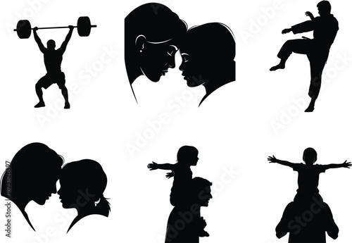 Silhouettes of diverse activities and family relationships in black and white