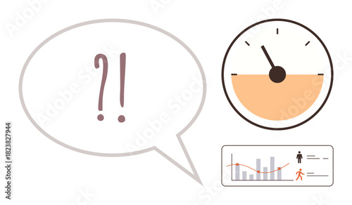 Speech bubble with punctuation marks, speedometer showing measurement, and graph data. Ideal for communication, confusion, analysis, timing, decision-making productivity metrics. Simple flat