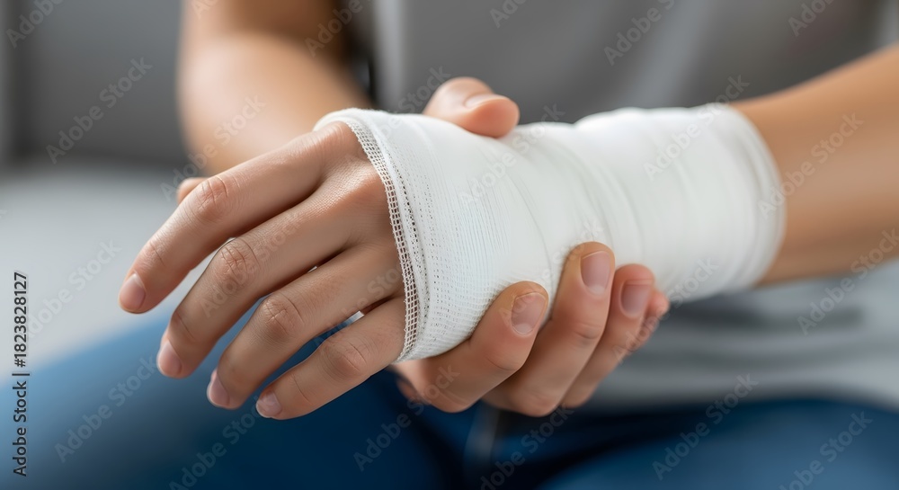 Obraz premium Closeup of a womans hand wrapped in a white bandage, providing support and immobilization for a wrist injury, aiding in healing and recovery
