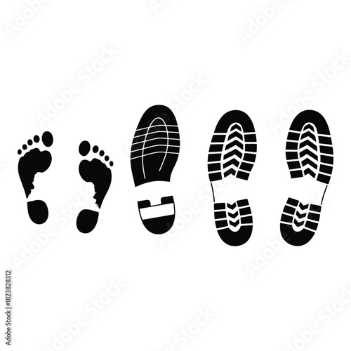 Barefoot and shoe sole prints, tracking human journey and progress