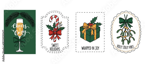 Festive christmas holiday illustrations vector set featuring champagne, candy cane, gift, and mistletoe designs.