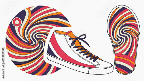 Vibrant swirl pattern on high top sneaker and sole