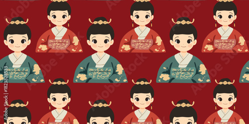 repeating illustration of chinese women in traditional dress