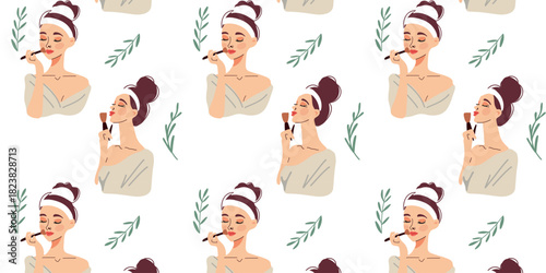 seamless pattern with woman applying makeup