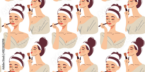 cute seamless pattern with beauty routine woman