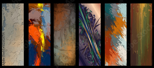 This image features six vertical panels of textured, painterly abstract art, contrasting muted earth tones with occasional bright, aggressive brushstrokes. The panels show a range of techniques.