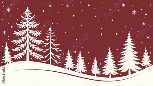 an elegant and classic vector illustration of a winter forest scene, using a striking two-tone color palette of deep maroon/red and cream/off-white.