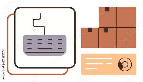 Keyboard connected to logistics system, shipping boxes, and delivery label symbolizing e-commerce workflow. Ideal for online shopping, shipping, logistics, delivery, productivity, technology simple