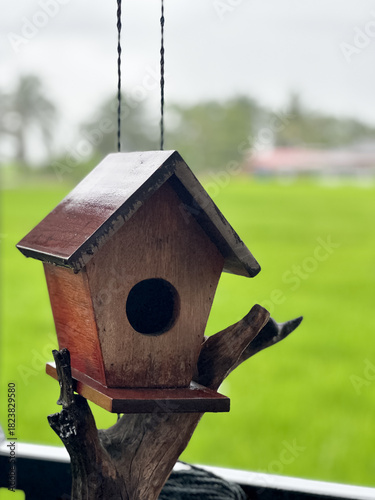 Simple wooden birdhouse with a triangular roof and circular entrance, suspended from above on a sculpted branch-like mount. 