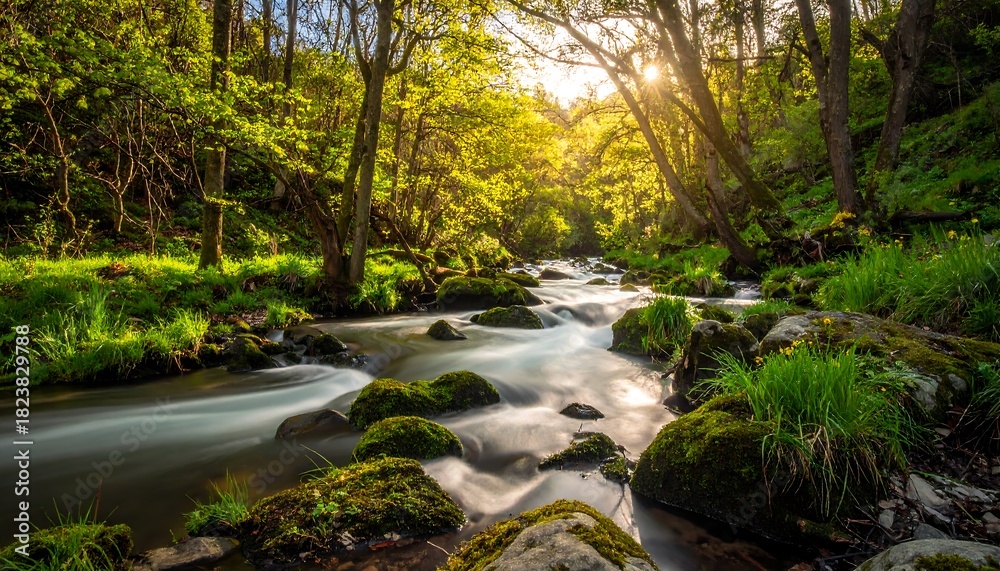 Fototapeta premium A sunlit stream flows smoothly between mossy rocks, through lush green trees in a vibrant forest scene