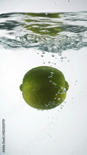 A vibrant green lime drops into clear water, creating a slow-motion symmetrical splash and rising bubbles. Macro close-up against a white studio background. Concept for refreshing beverage advertising