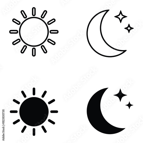 Sun and moon day night weather outline and solid icon set for design