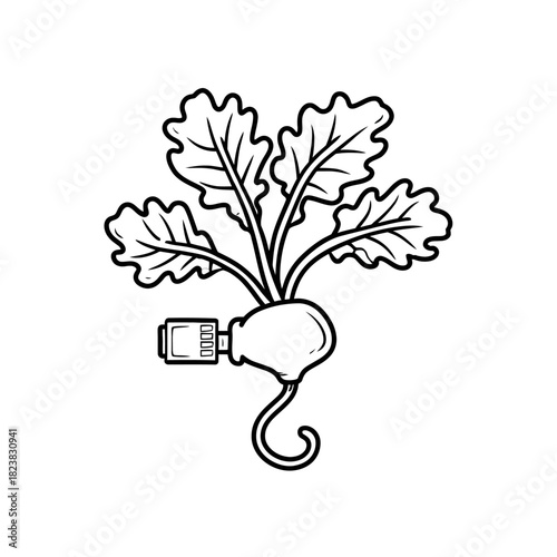 Conceptual illustration of root vegetable connected to an ethernet cable