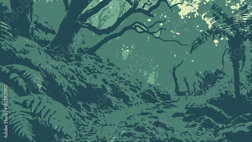 Mysterious forest scene with lush greenery and silhouetted trees