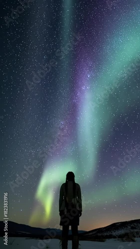 Lone human silhouette against dark horizon, gazing up at vast night sky with sparkling Milky Way & pulsating purple, blue, green aurora borealis. Concept of cosmic awe