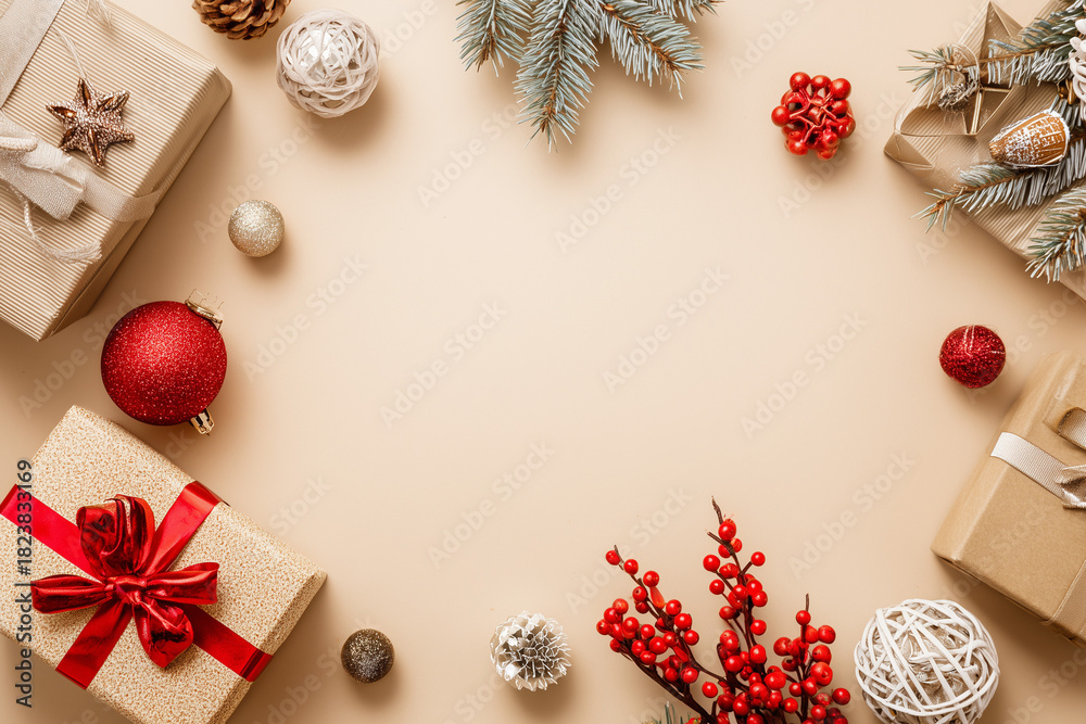 Obraz premium Merry Christmas and Happy Holidays greeting card, frame, banner. New Year. Christmas ornaments and gifts, presents on light beige background top view. Winter xmas holiday festive theme