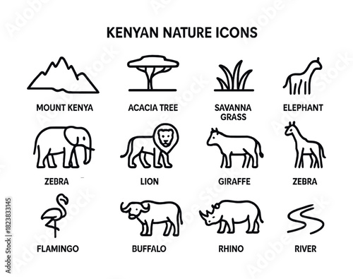 Vector Kenyan nature icons featuring mount kenya, acacia tree, zebra, lion, elephant, rhino
