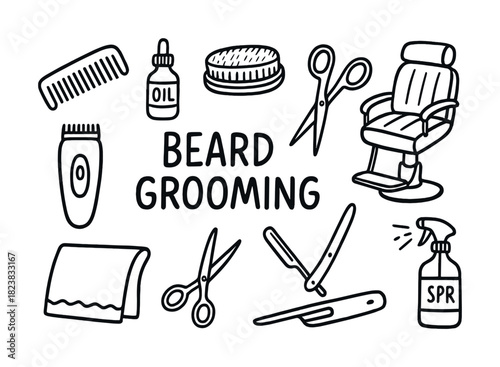 Vector Hand-drawn beard grooming tools including scissors, trimmer, comb, brush, oil, and barber chair