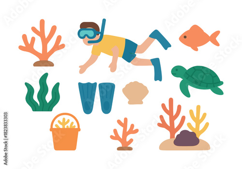Vector Child snorkeling with coral, fish, and sea turtle in colorful underwater scene