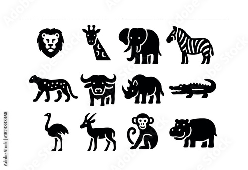 Vector Silhouette icons of african safari animals: lion, elephant, zebra, and more