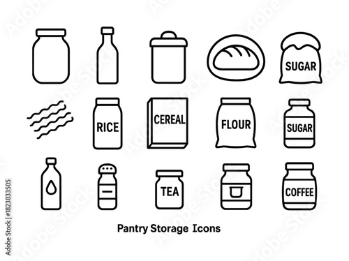 Vector Pantry storage icons set featuring jars, bottles, and bags for kitchen organization