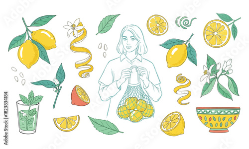 Lemon harvest with fresh fruit, citrus slices, green mint leaves, and a woman holding a mesh bag