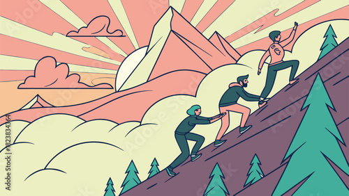 Teamwork and success climbing mountain peak with sunrise and clouds