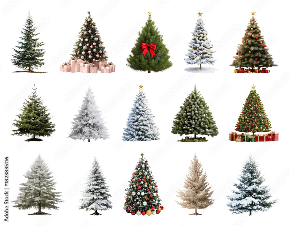 Obraz premium PNG Variety of decorated Christmas trees, element set on transparent background