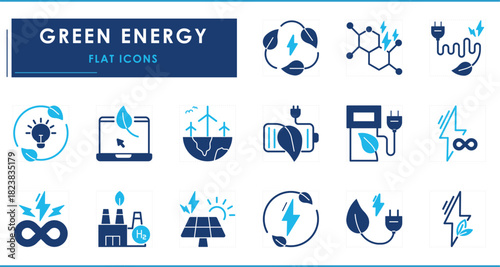 A set of flat icons related to Green Energy. Eco friendly, energy, lighting, fuel, rechargeable, green, renewable, infinite source, industry, and so on.
