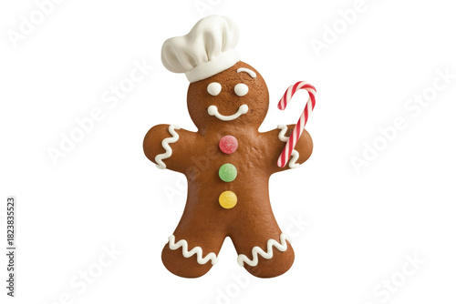 Christmas Gingerbread Man with Icing and Candy Cane. Transparent background. Ideal for advertising layouts, banners, designs.