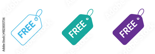 Free tag icons in representing promotion label, shopping discount, marketing campaign, retail advertising, e-commerce offer, and business sales announcement concept