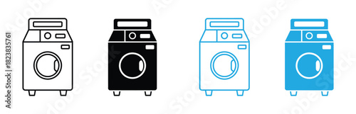 Flat vector icon of washing machine with circular door, representing laundry appliance, washer tool, home cleaning, and fabric care illustration