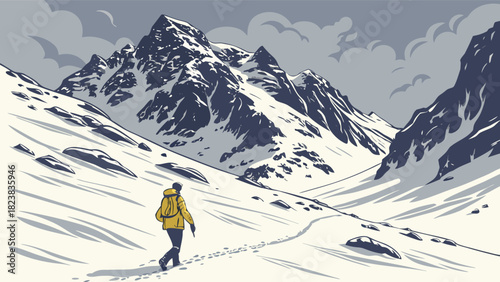 Lone hiker in yellow jacket ascends snowy mountain trail towards jagged peaks