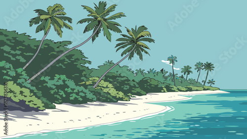 Lush tropical island coastline with white sand beach and palm trees