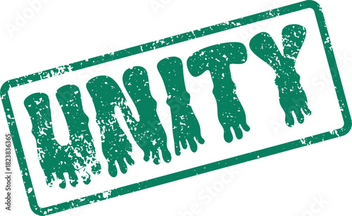An aged green rubber stamp shows the powerful word UNITY with a grunge effect