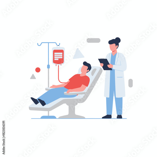 A clean flat illustration showing a patient receiving medical treatment while a doctor monitors data, representing healthcare, diagnostics, and professional medical care.