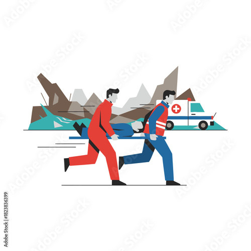 A flat vector illustration of rescue workers carrying an injured person in a disaster scene, depicting emergency response, teamwork, and urgent humanitarian action.